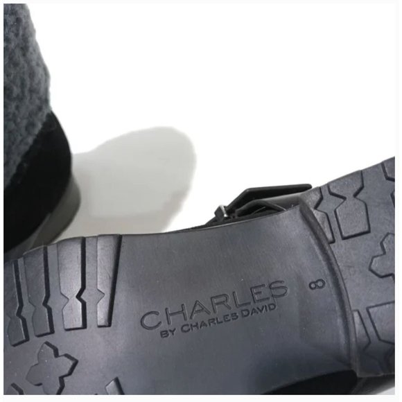 Size 8 Charles David‎ Jen Suede Cuffed Grey Shearling Lug Sole Moto Boot Black - Picture 3 of 8